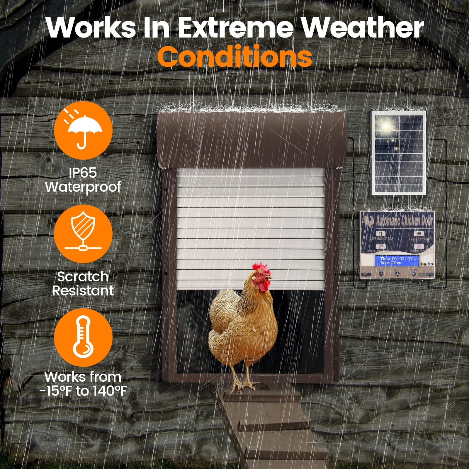 Volet de porte solaire à rabat de poulet en aluminium, rabat de poulet automatique avec écran d'affichage, capteur de lumière, télécommande de minuterie