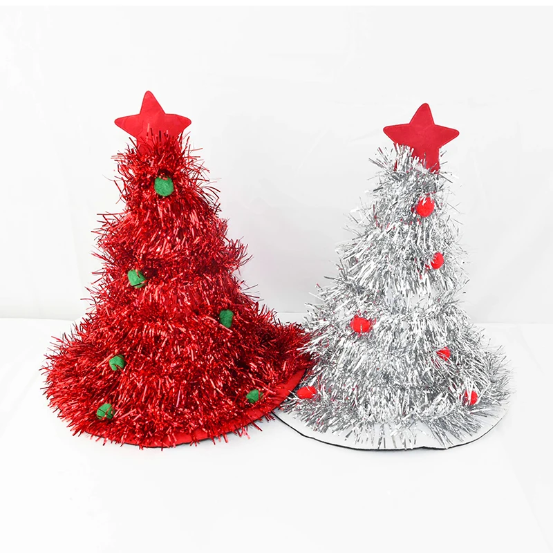 

1pc Christmas Tree Hat New Year Gift Theme Party Hats Tinsel Xmas Tree Hat Costume Accessories Red Green Glitter Christmas Hats