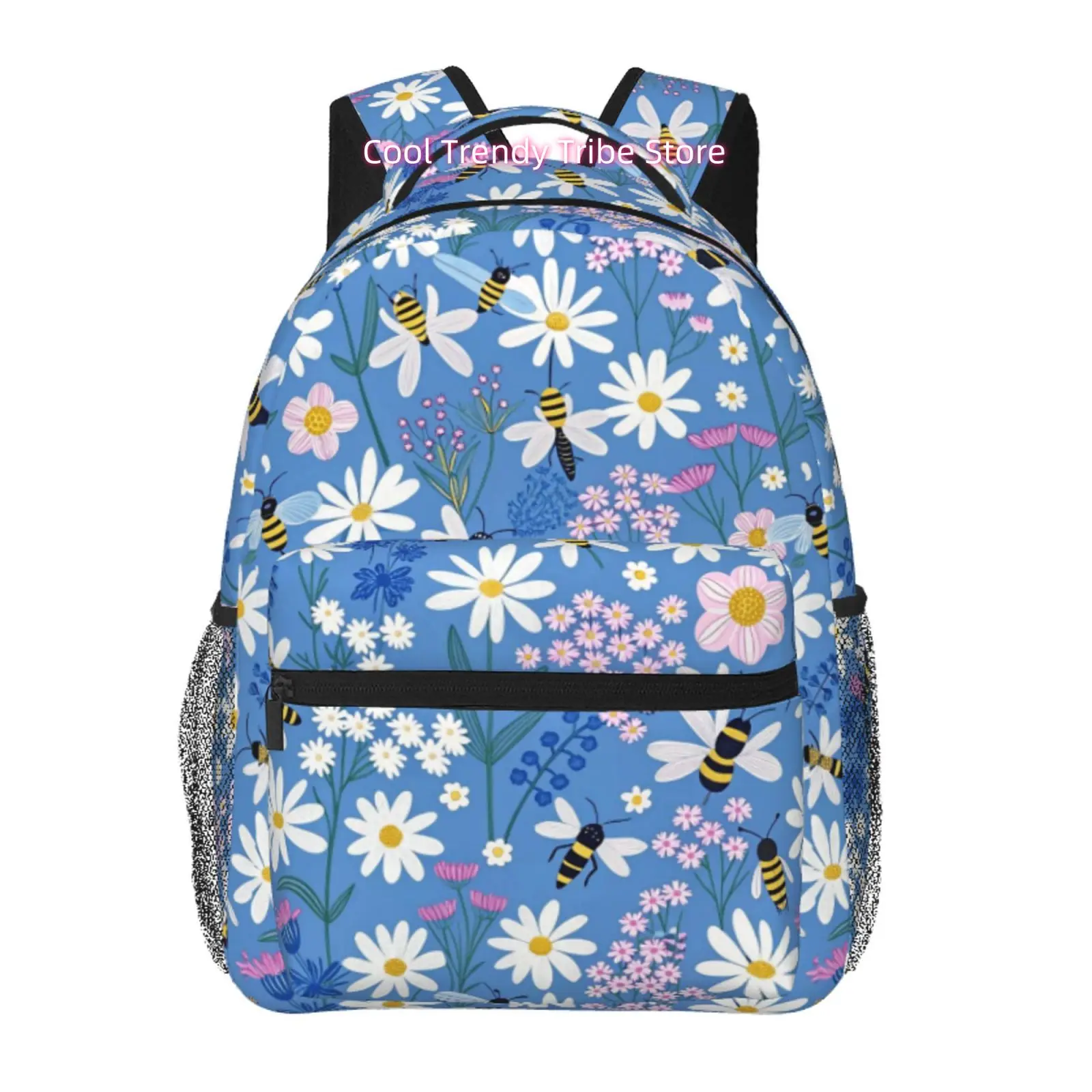 Light Blue Daisy Bee Print Travel Backpack, Large Capacity with Adjustable Shoulder Straps And Multiple Compartments, Unisex Lap
