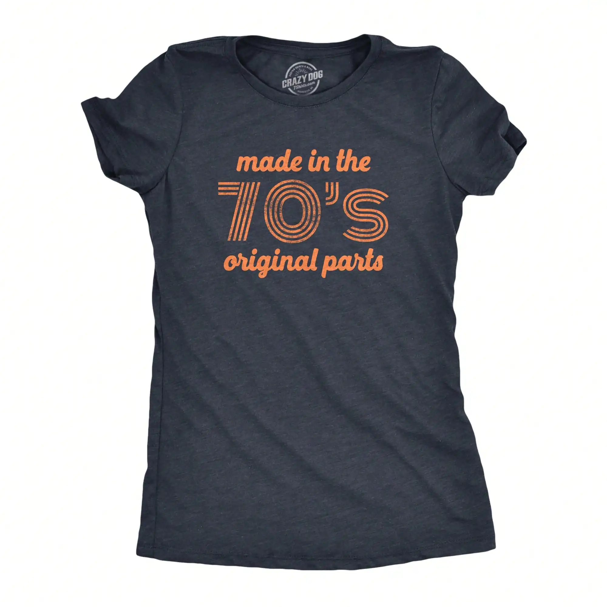 

Women's Vintage-Style '70s Graphic Tee - Retro Orange Print on Dark Heather T-Shirt