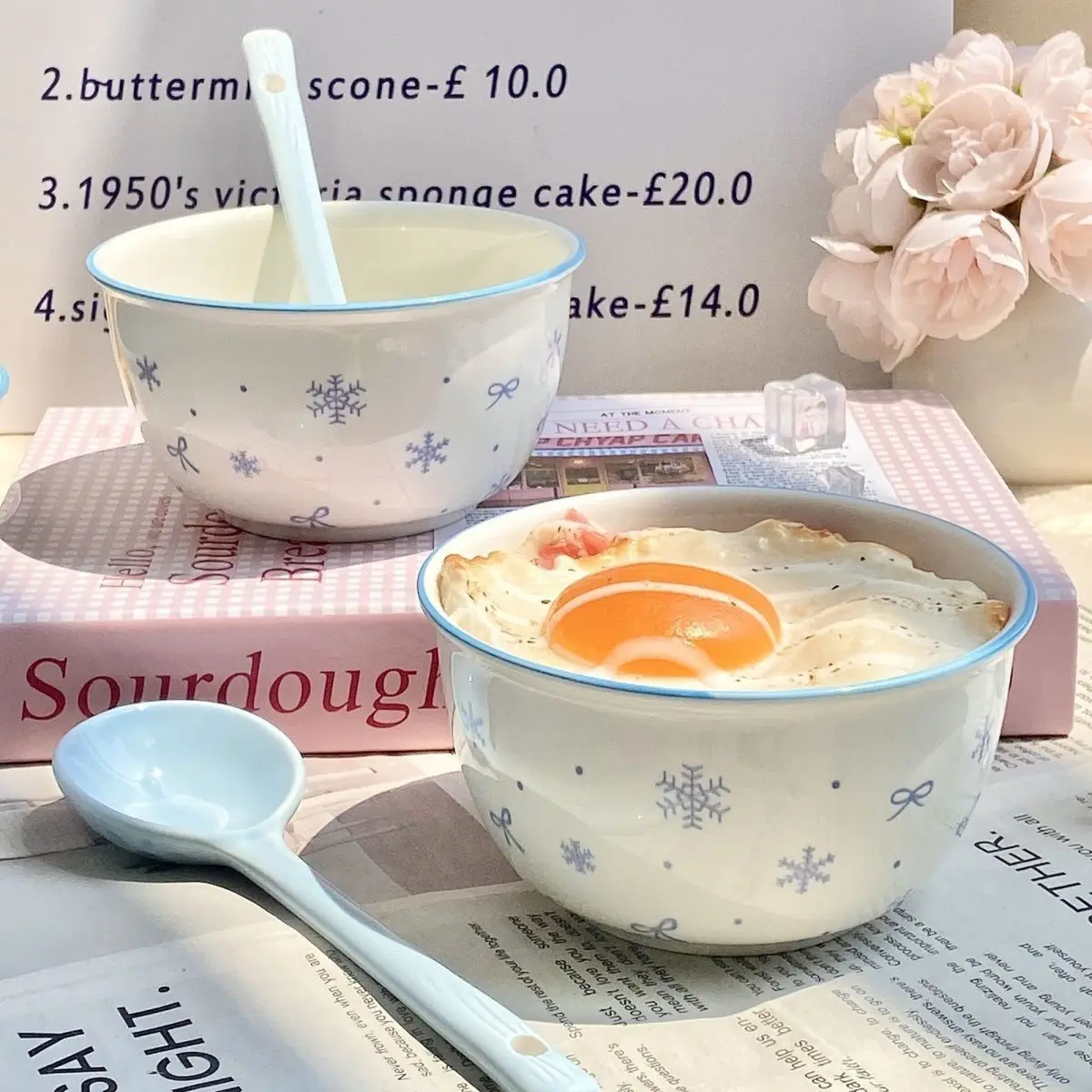 A Set of 4 Adorable Snowflake Patterned Ceramic Tableware Cute Household Rice Bowl Eating Dishes Soup Yogurt Dessert Bowls