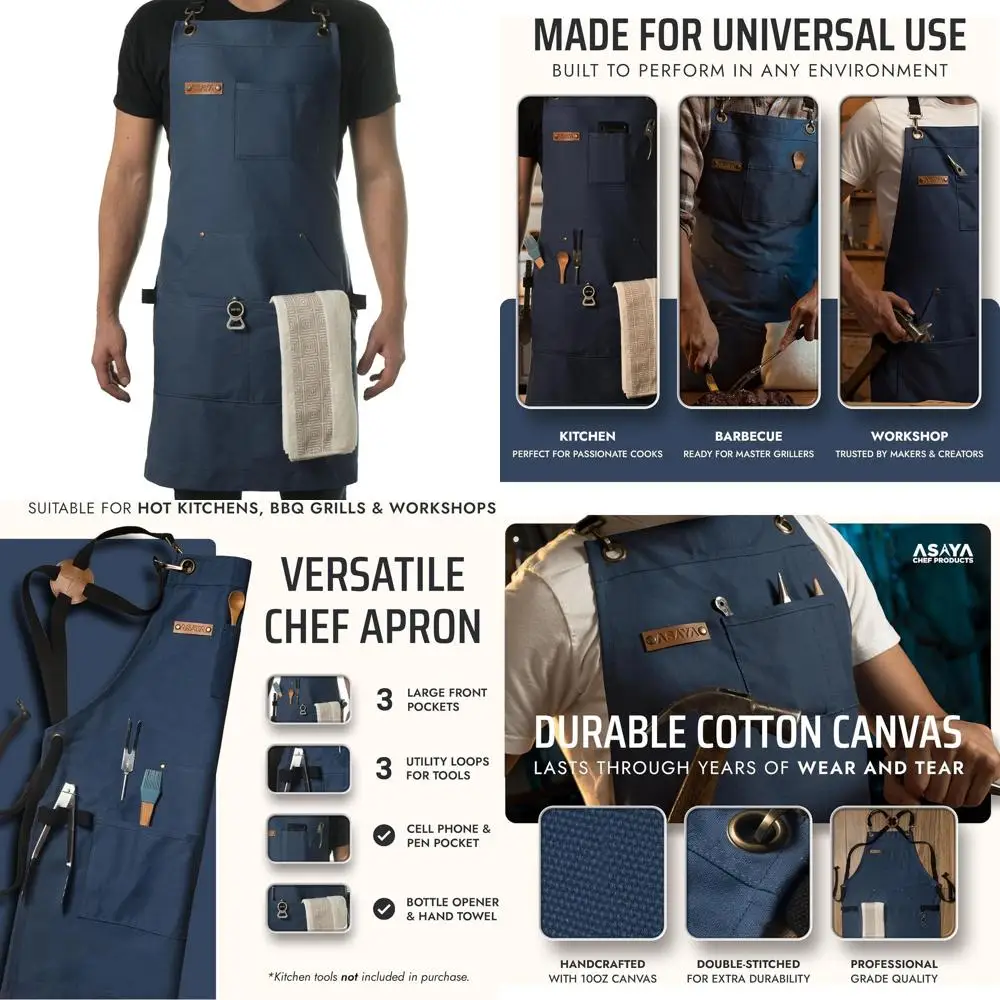 

Cotton Canvas BBQ Apron with Bottle Opener and Hand Towel - 10oz, Stain-resistant, Adjustable Back Straps