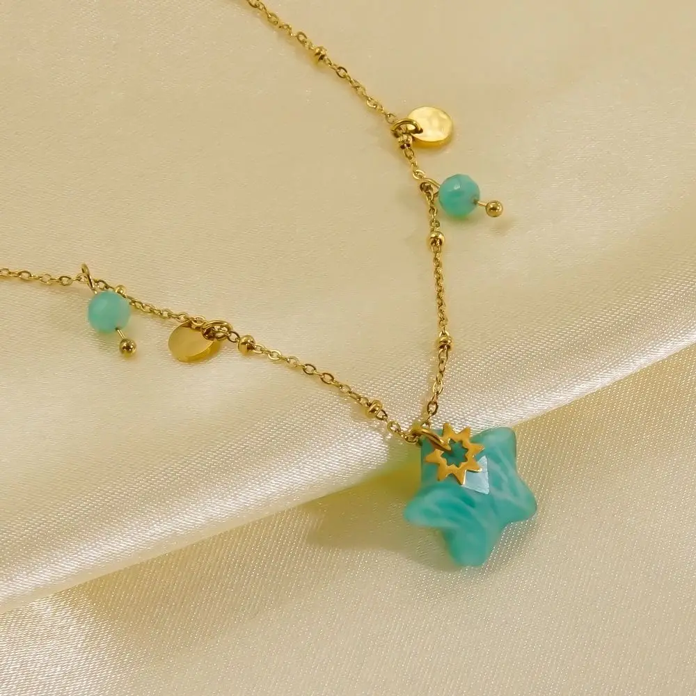 سترة سلسلة حبة نجمة حجر قلادة خمر مجوهرات الأزياء دلاية شكل نجمة سلسلة عنق المرأة الطبيعية الرقبة المختنق الرقبة الديكور #4