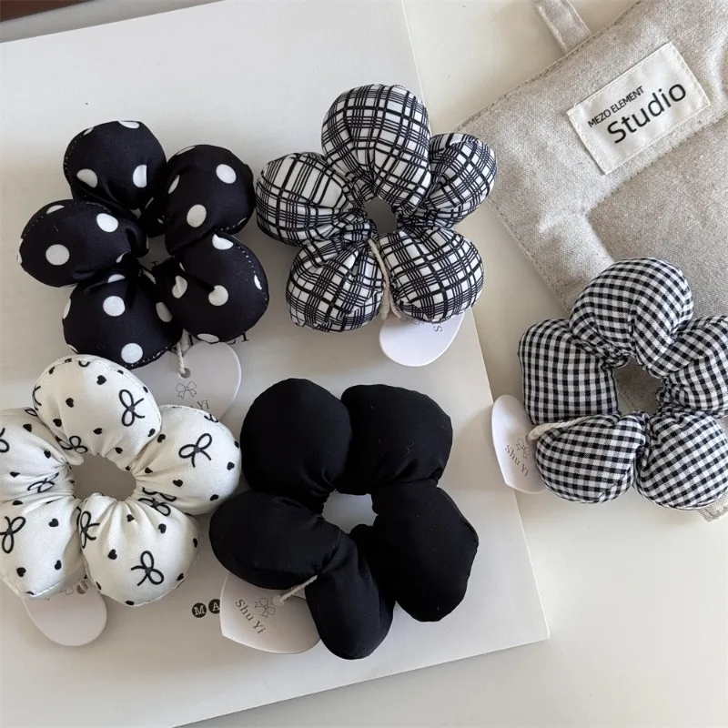 Black filled cotton cute little flower hair band polka dot bow plaid intestine ring headrope new hair accessories