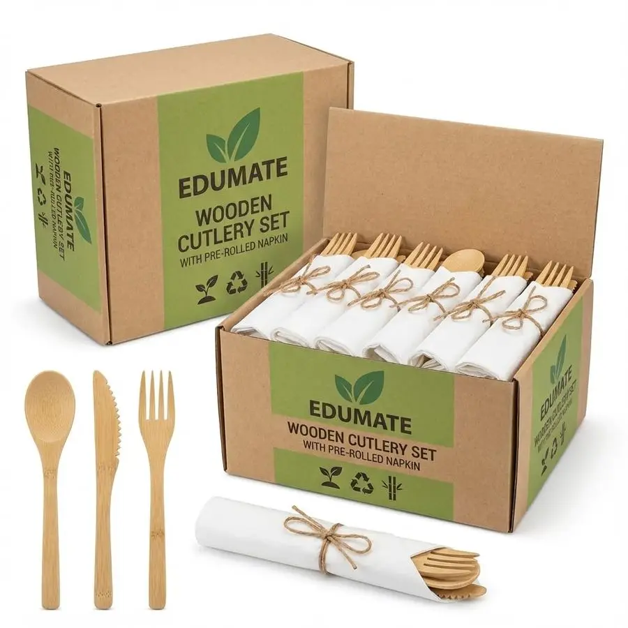 

PreRolled Napkin and Bamboo Cutlery Set 60 Pack, 240 PCS 100 Biodegradable, EcoFriendly, Disposable Wrapped Cutlery Includes Pre
