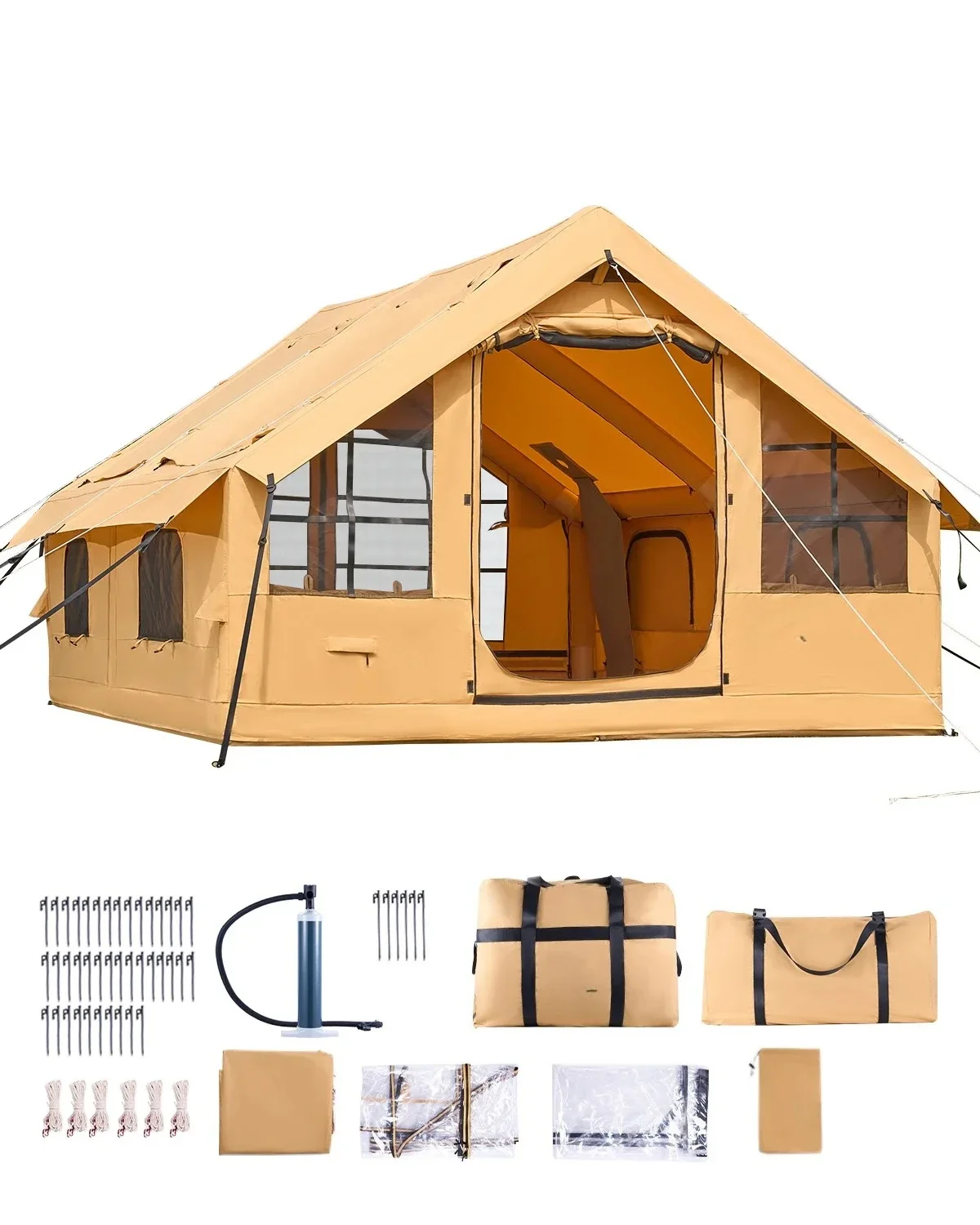 

Inflatable Tents For Camping Easy Setup Blow Up Tent With Hand Pump Glamping Tent With Skylight Stove Jack & Mesh Windows