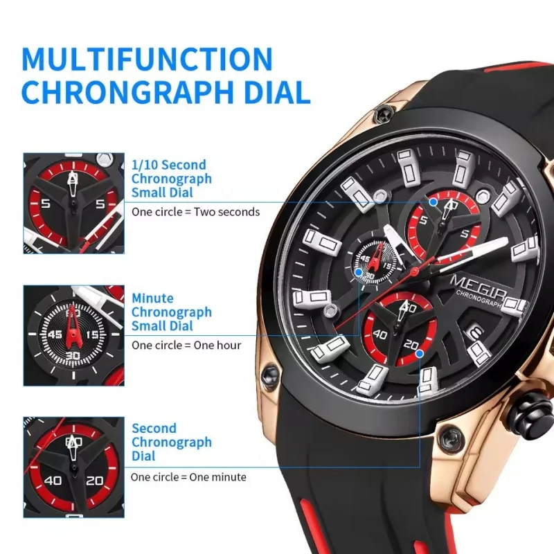 MEGIR 2144 Men's Watch Top Brand Luxury Sports Military Watch Chronograph Night Light Date Silicone Strap Men's Quartz Clock