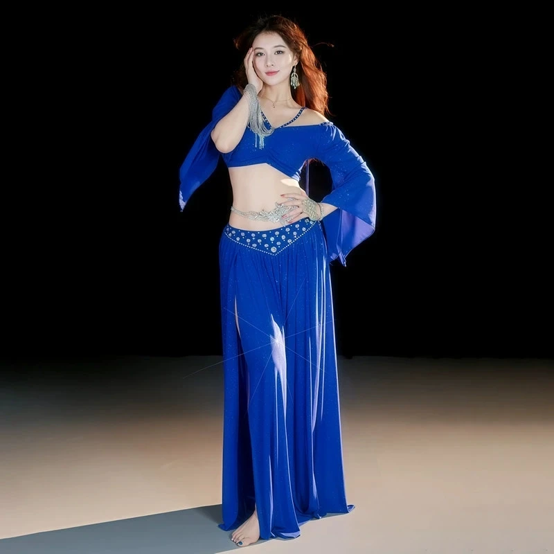 

Klein Blue Oriental Belly Dance Costume Women's Dance Practice Outfit Top and Skirt Two-Piece Set Rhinestone Practice Outfit