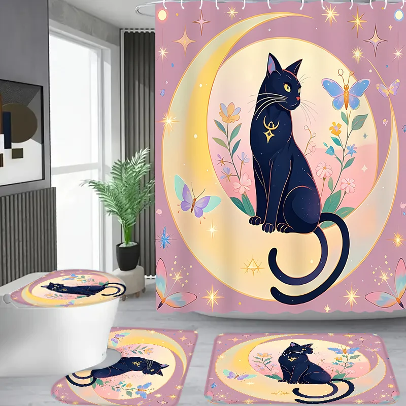 

Dreamy Moon Black Cat & Floral Shower Curtain Set with 12 Hooks - Includes Bathroom Mat, Toilet Seat Cover, U-Shaped Mat, and