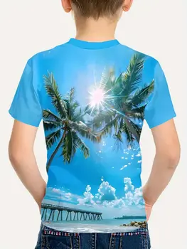 男童沙灘椰樹圖案短袖T卹,夏季休閒假日女孩戶外T卹,兒童上衣 10 最佳銷售 椰子女孩 - №4