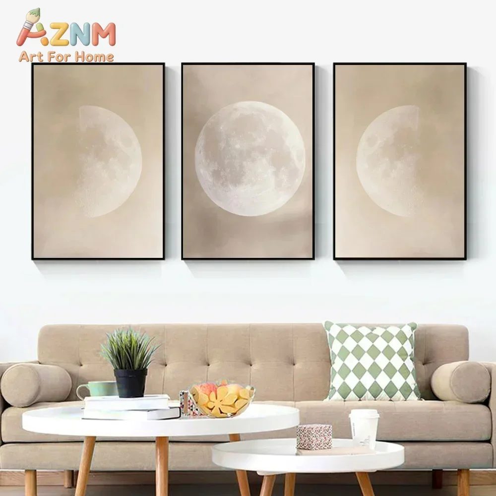AZNM Neutral Beige Moon Phase Canvas Wall Art Set of 3 Lunar Cycle Print Poster Minimalist Moon Wall Art Modern Boho Living Room
