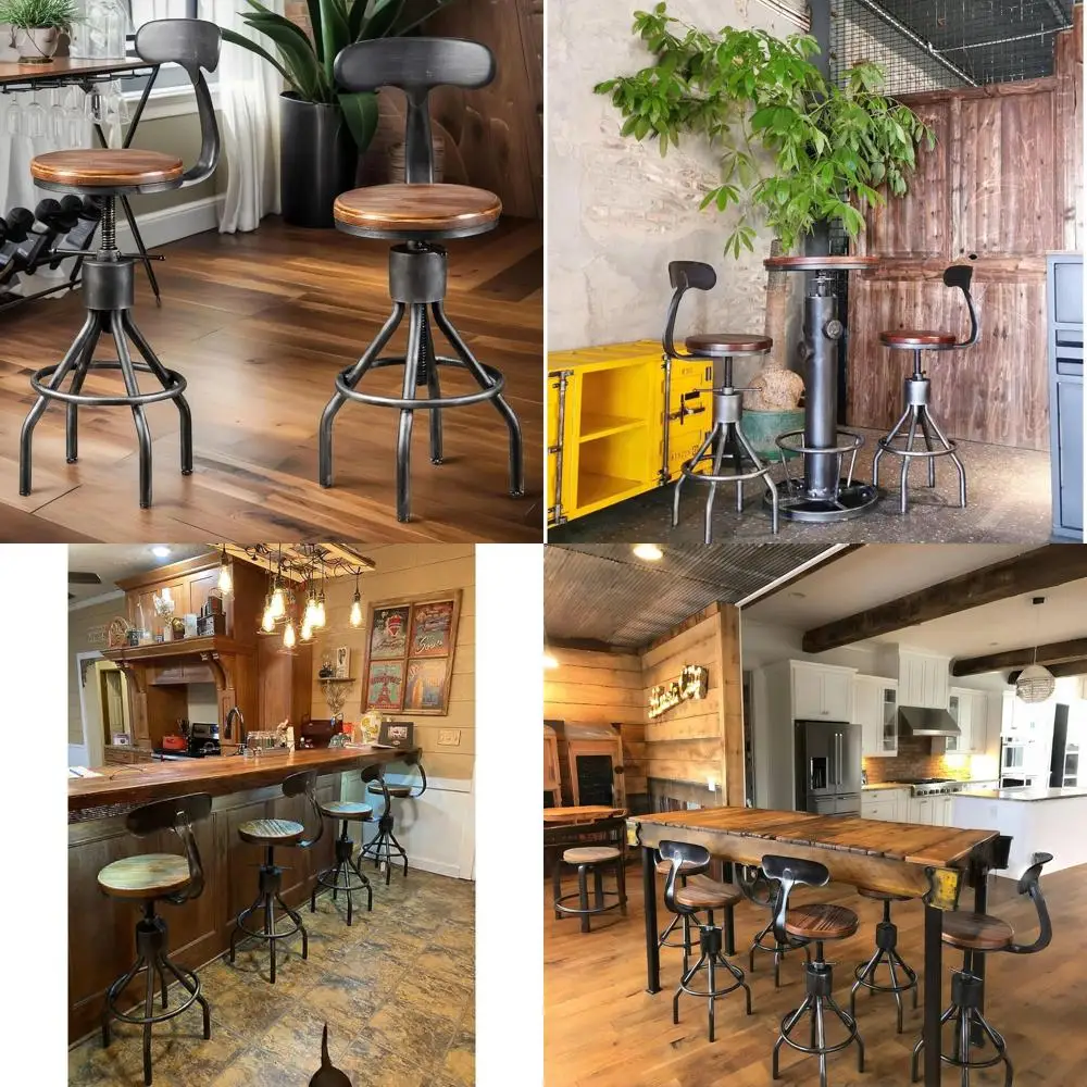 

Регулируемый вращающийся барный стул с деревянной столешницей, высота от 24 до 30 дюймов, от столешницы до барной стойки, винтажный индустриальный стиль, со спинкой