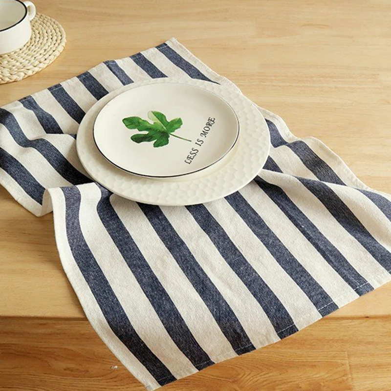 Cotton Stylish Western Tablecloth Chic Atmosphere Enhancement Blue Gingham Stripe Pattern Fully Washed Small Table Runner