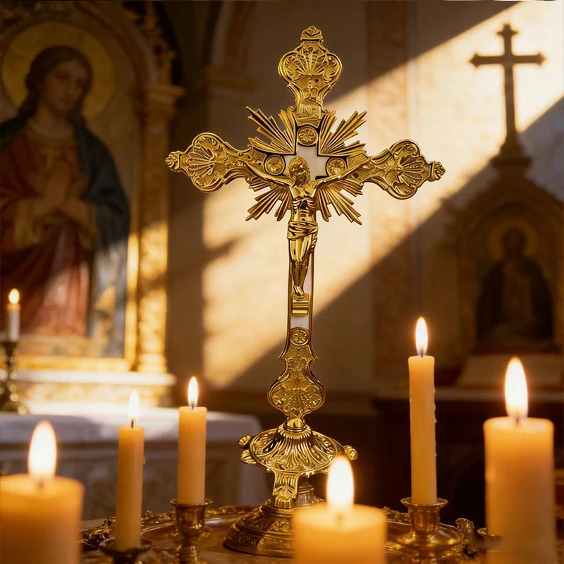 Neues 2026 Traditionelles Vergoldetes Orthodoxes Kruzifix mit INRI-Gravur, Stehendes Kreuz für Altarausstellung und Gottesdienst-Rituale, Geschenk – Detail 12