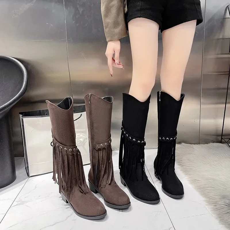 

Fashion Chimney Tassel Boots Women's Boots 2025 Autumn New High Top Suede Thick Heel Soft Sole Women's Shoes Size 43
