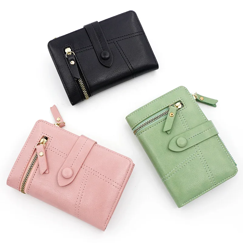 Wallet New Button Wallet Female Solid Color Thin Ladies Wallet Card Clip Short Purse Wholesale Three Fold Coin Purse
