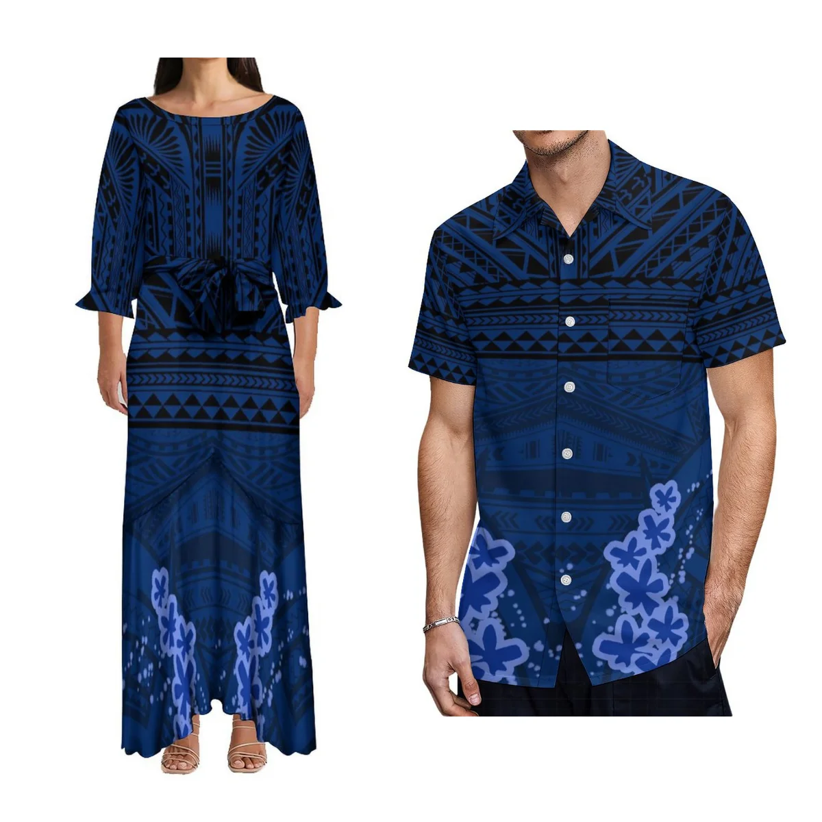 Women'S O-Neck Lace Up Fishtail Dress Polynesian Men'S Shirts Customized Printed Designs Good Looking Couple'S Outfit Matching