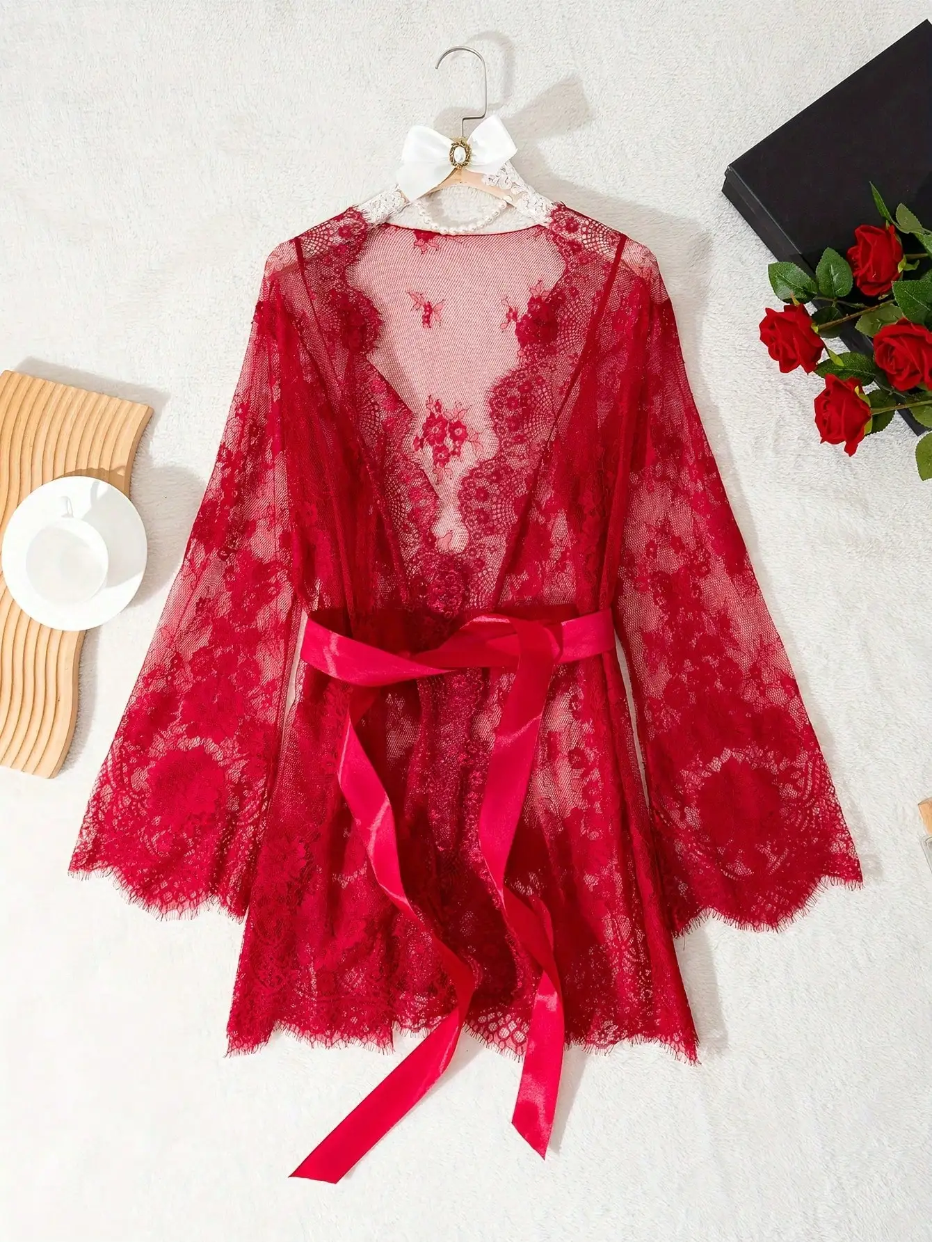 

Red Lace Robe for Women, Semi-Transparent Long Sleeve Nightgown with Satin Belt, Elegant Sleepwear
