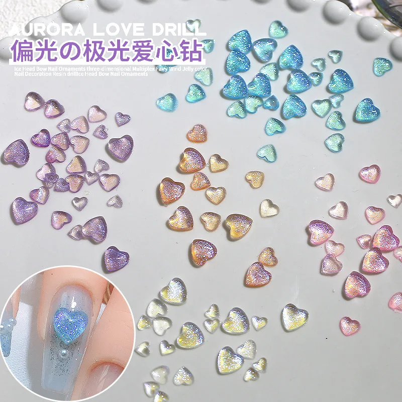 120 Stuks Sprankelende Gepolariseerde Aurora Perzik Hart Mix Grootte Parelmoer-Glans Kleurrijke Liefde Nail Art Steentjes Decoratie Manicure Edelstenen