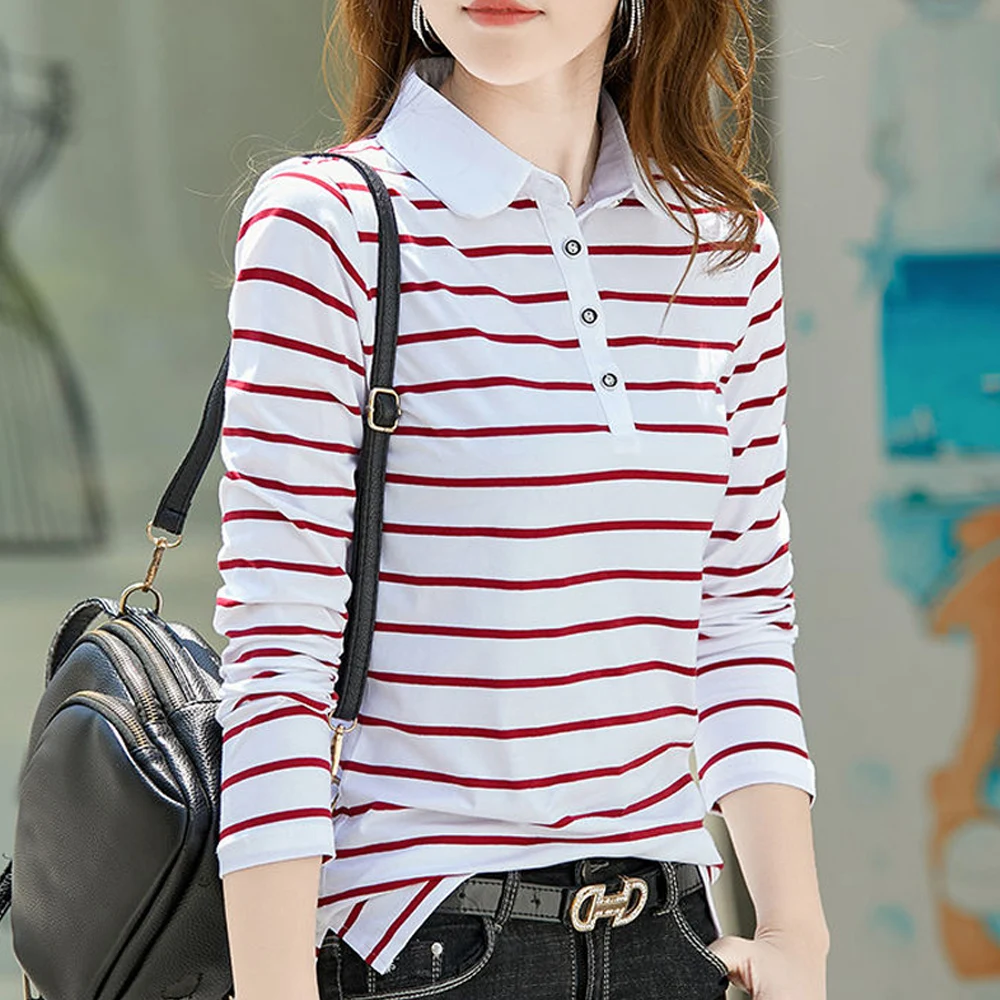 

Flip collar striped t-shirt for women's spring and autumn new fashionable long sleeved polo shirt for women's pure cotton shirt