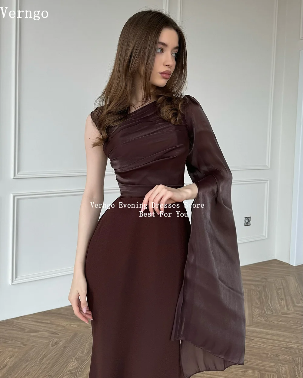 Verngo Coffee Brown Evening Dress One Shoulder Mermaid Maxi Prom Party Dresses Elegant Formal Ptom Gowns Custom