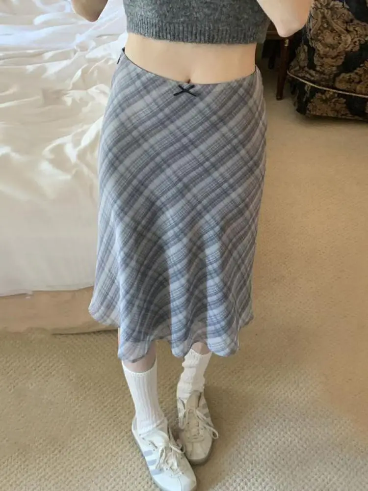 Tonngirls Y2k Vintage Plaid Skirt Women A-line Knee-length Summer 2000s Korean Fashion Harajuku Bottom Ladies Skirts Fairycore