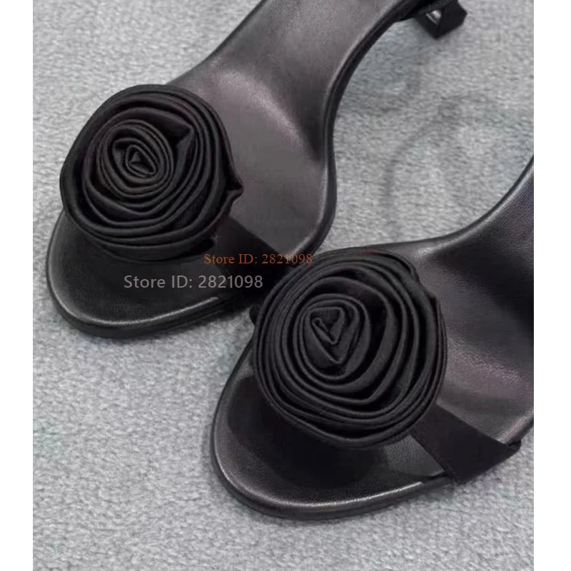 Black Satin Rose Stiletto Heeled Thin High Heel Sandals Women Ankle Wrap High Heel Open Toe Summer Dress Shoes