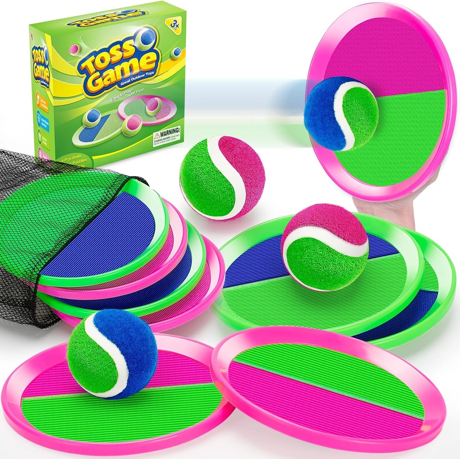 Parent-Child Sticky Toss Catch Ball Game, Kids Sports Interactive Toy with 4 Paddles, Portable Indoor Outdoor Play Set for Beach Yard Pool Camping, Ideal Birthday Holiday Present for Toddler Boys Girls Ages 3 to 12