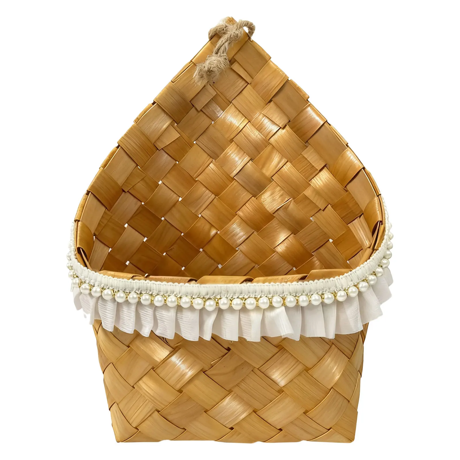 

Woven Wall Hanging Flower Basket with Waterproof Liner and Pearl Edging - Rustic Wood Vintage Planter for Plants Decorative Home