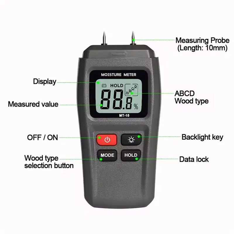 AT29-MT-15 Wood Moisture Meter Hygrometer Timber Damp Detector Tree Digital Wood Humidity Tester Grey