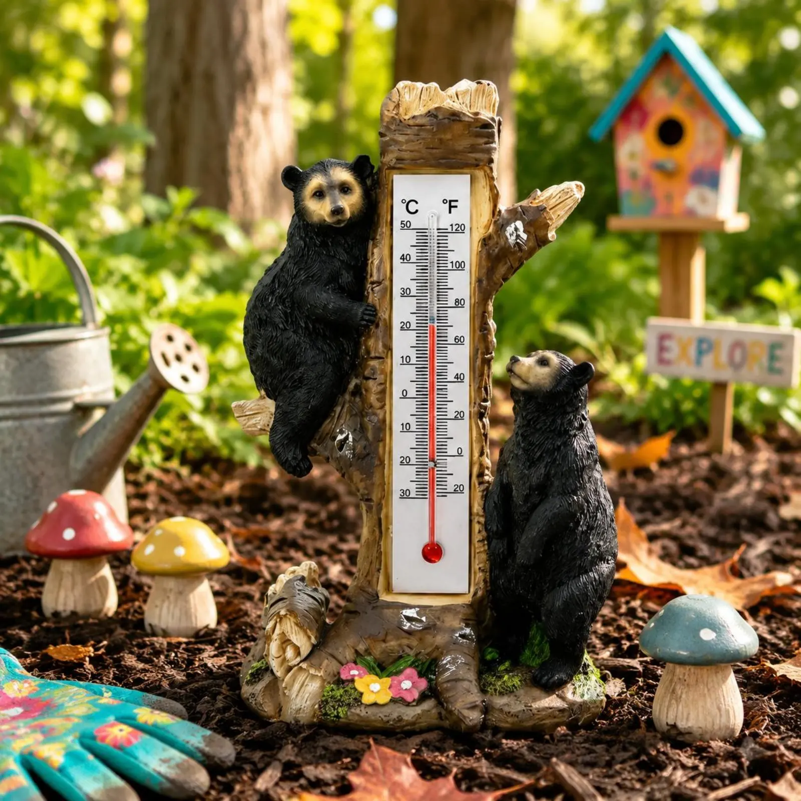 Bear Thermometer Statue Easy to Read Black Bear Temperature Decor Creature Garden Thermometer Weather Gauge Double-Scale view 5