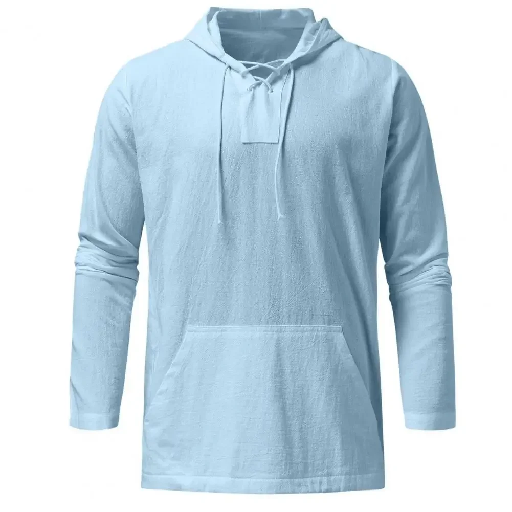 Spring Summer Cotton Linen Men\'s Hooded Pullover Solid Thin Long Sleeve Shirts With Hat Casual String Lace Up T-shirts Men Tops