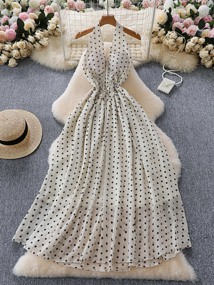 

Seaside Vacation Style Dress Women's White Polka Dot Halterneck Dresses Summer Slim Fit Backless Waist Cinching Long Frock