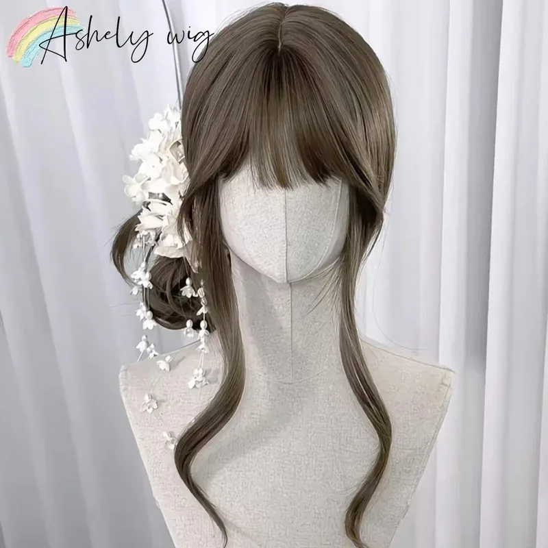 Perruque synthétique marron thé au lait avec frange, cheveux longs et ondulés pour femmes, perruque Lolita douce élégance japonaise, bandeau