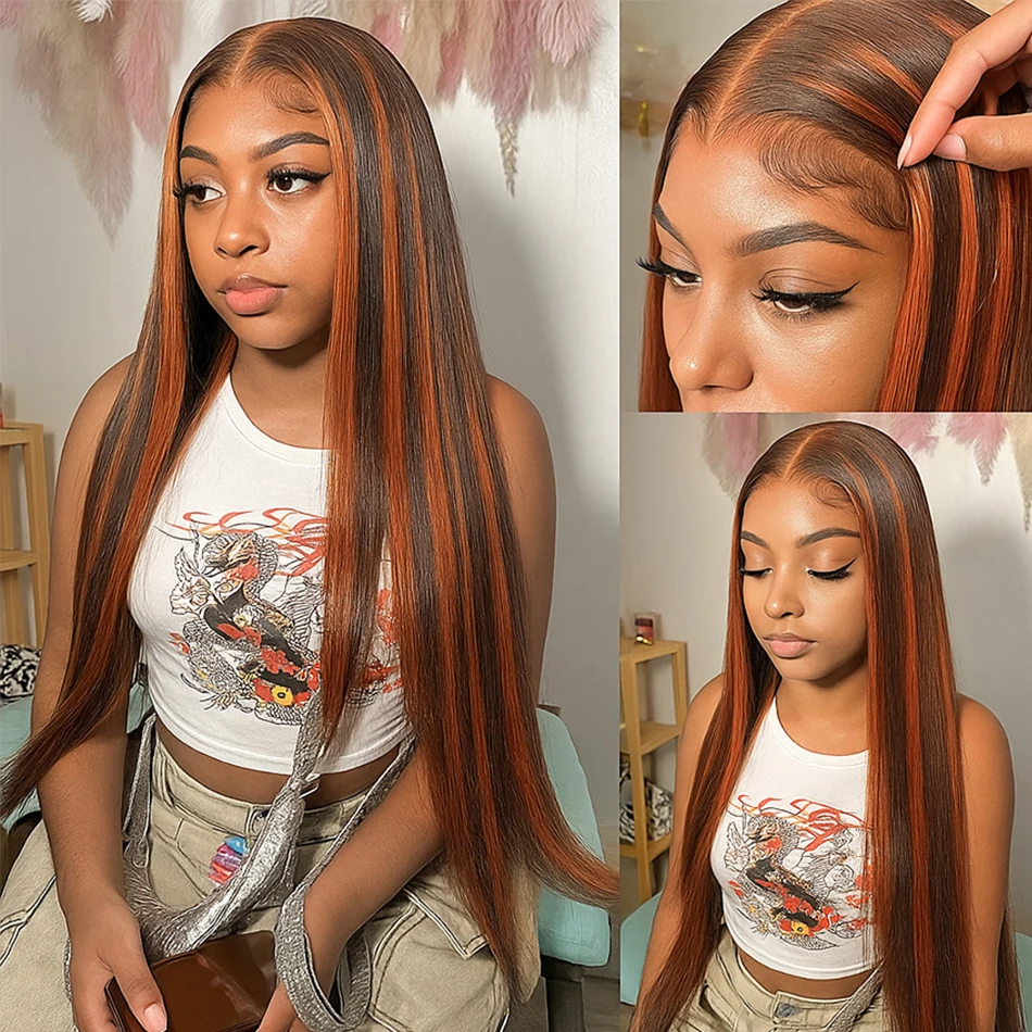 # 4/350 omber gengibre com destaque marrom sem cola osso reto usar e ir peruca 30 Polegada 5x5 brasileiro pré-arrancado peruca de cabelo humano