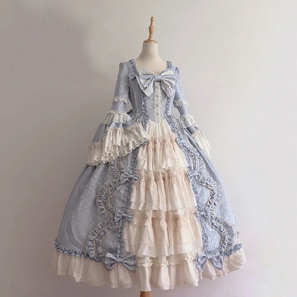 

2024 New Light Blue Bowknot Lolita Dress Women Fashion Gothic Lace Patchwork Japaness Style Sweet Lolita Cosplay Vintage Dress