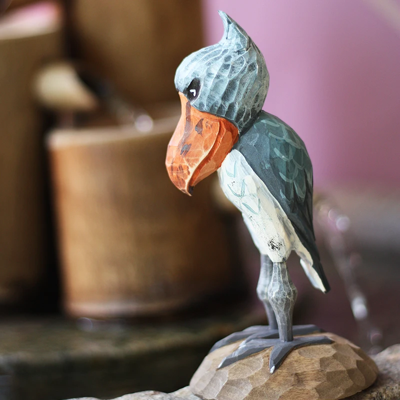 Ornements sculptés à la main en bois, cigogne à tête de baleine, sculpture d'oiseau amusant, style nordique