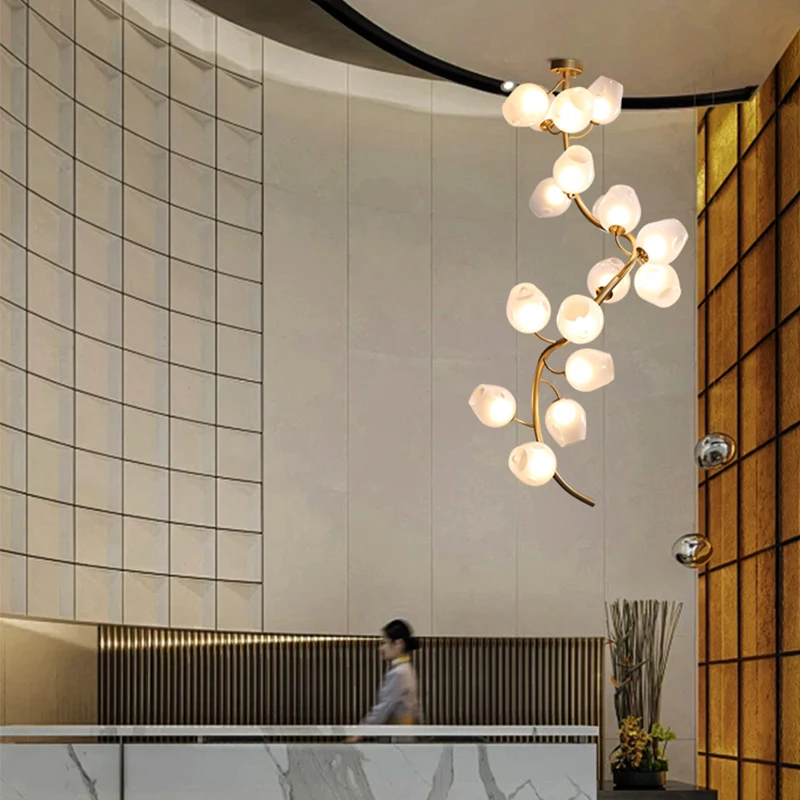 

BOSSEN Luxury Luster Glass White Adjustable Dimmable Gold Copper Chandelier Pendant Ceiling Light for Hotel Living Room Staircas