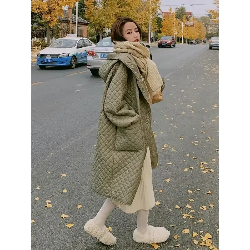 Autumn Winter Korean Loose Fashion Women Down Cotton Coat Hooded Medium Length Cotton Coat Large Pocket Windproof Coat