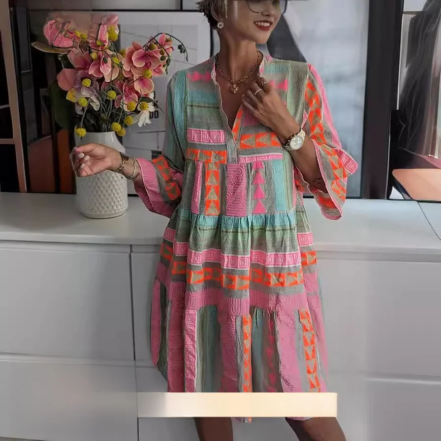 秋の新作 レディース ドクタープリント Vネック 七分袖 ドクタープリント コットンリネン素材 ベルスリーブ ヨーロピアンスタイル