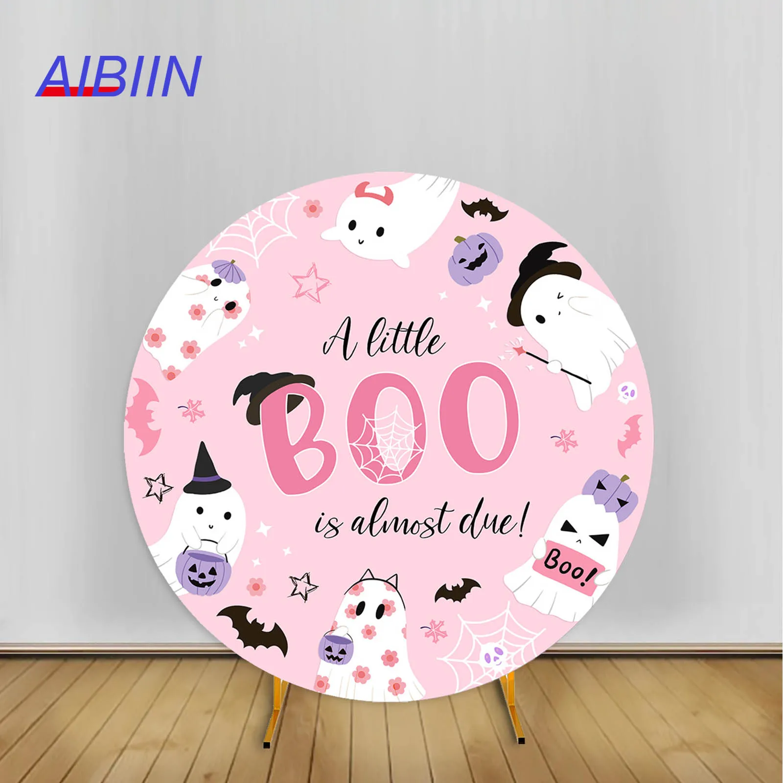 

Halloween Baby Shower Round Arch Backdrop Cover Pink Girl Cute Spooky Boo Spider Web Party Decor Cake Photography Background