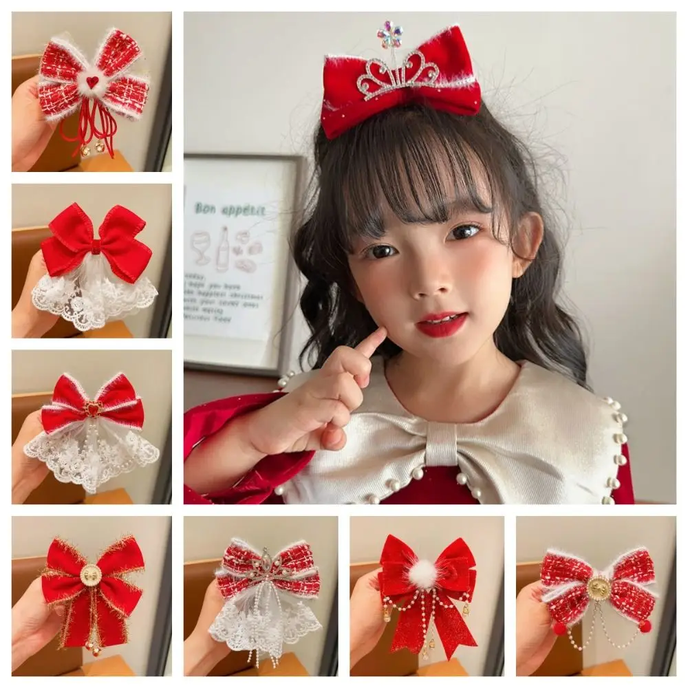 Cute Crown Children Red Hairpin Lace Tang Suit Hair Clip Chinese New Year Headwear Pearl Crystal Red Bow Hairpin Baby Headwear