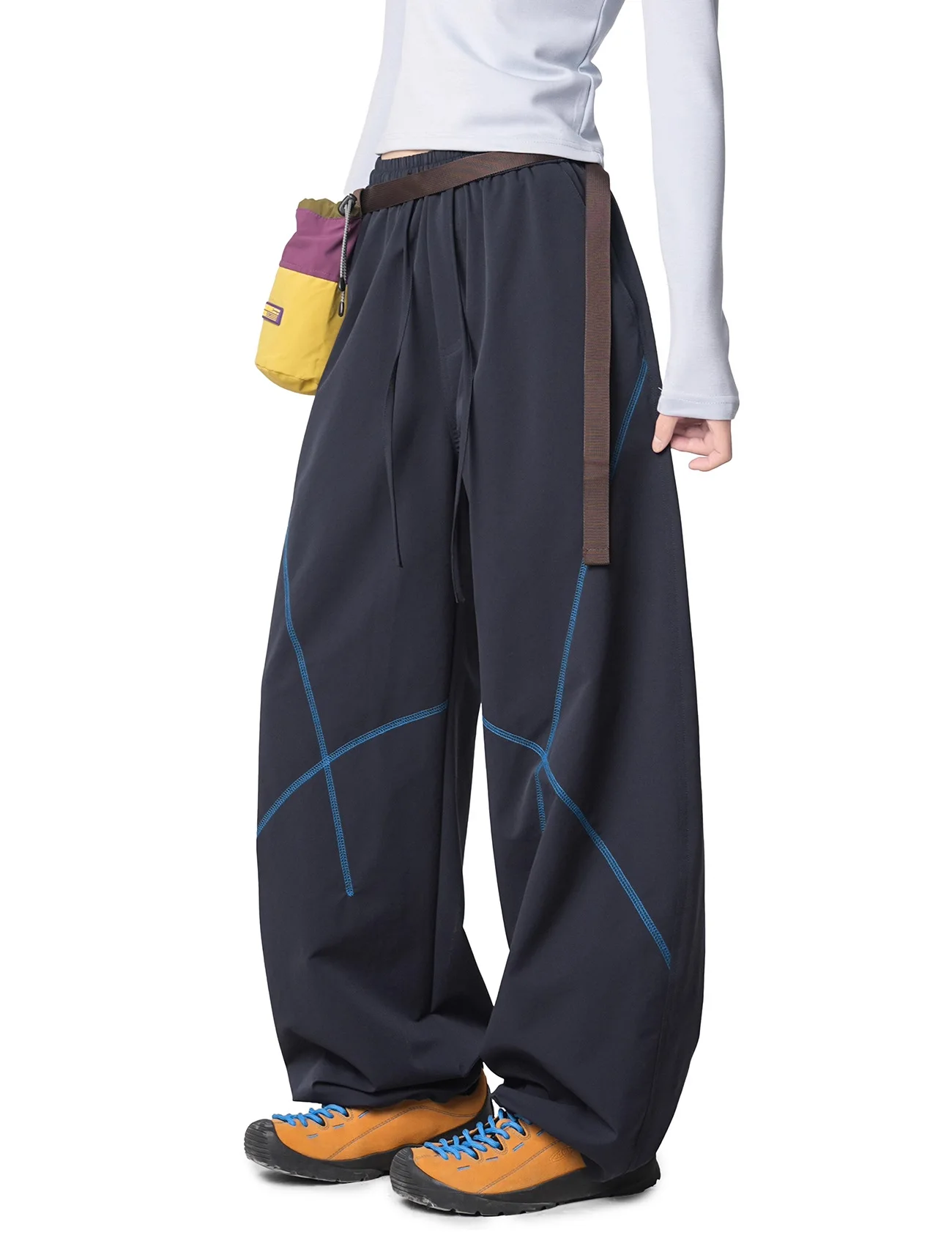 Neue Damen-Hose mit Kordelzug, weitem Bein, Kontrastnähten, Kreuzlinien, lässige, lockere Baggy-Hose, elastischem Bund, Streetwear, Parachu – Detail 7