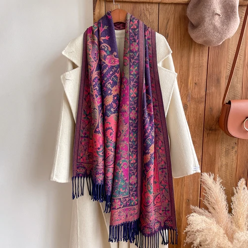 Imagen 2 del producto Manta con borlas para mujer, Pashmina gruesa con diseño, chal cálido para invierno, bufanda de Cachemira, pañuelo para el cuello, Poncho, estolas 2023