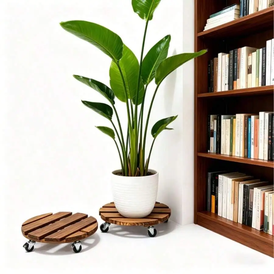 2-Pack Wooden Plant Stands - With Locking Wheels For Easy Movement, Heavy-Duty Rolling Stands Suitable For Indoor/Outdoor Use, P