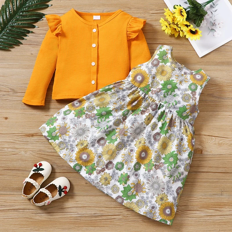 

2022 Girls Dress Spring Fall Kids Clothes Girls Clothing Sets 2PCS Flying Sleeve Single-breasted Coat+ Flower Print Dresses 1-6Y