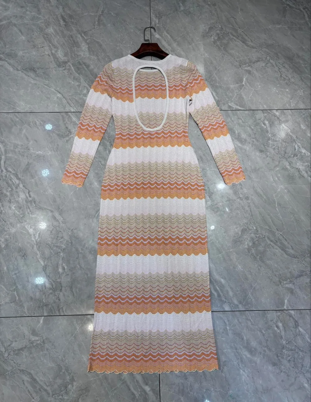 Spring Women's Wave Striped Knitted Dress Backless Round Neck Long Sleeve Slim Ladies Robe