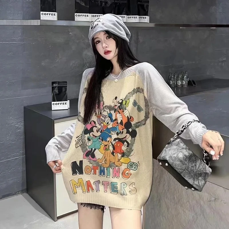 2025 New Arrival Women's Disney Multi-Character Graphic Knitted Sweater - Colorblock Sleeves Oversized Edgy Casual Fall Top