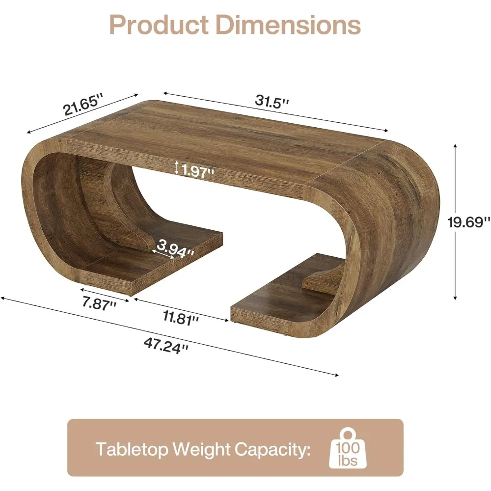 طاولة قهوة المزرعة، 47 طاولة مركزية شديدة التحمل على شكل حرف C مع قاعدة منحنية، طاولة شاي كبيرة لغرفة المعيشة #2