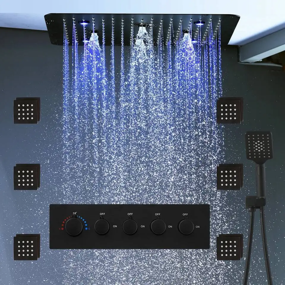 

Bathroom 20Inch 50X50cm Shower Head Panel Faucet Rain Mist Laterfal Jets Thermostatic Vae Mixer System SPA Massage Set